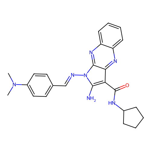 (E)-2-amino-N-cyclopentyl-1-((4-(dimethylamino)benzylidene)amino)-1H-pyrrolo[2,3-b]quinoxaline-3-carboxamide structure