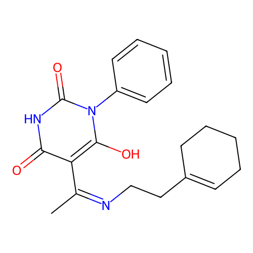 (5E)-5-[1-[2-(cyclohexen-1-yl)ethylamino]ethylidene]-1-phenyl-1,3-diazinane-2,4,6-trione structure