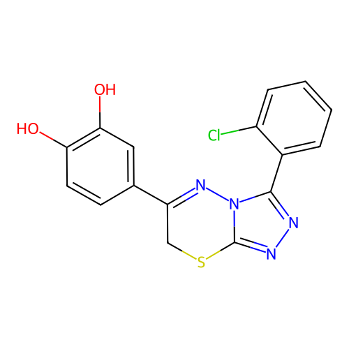 4-[3-(2-chlorophenyl)-7H-[1,2,4]triazolo[3,4-b][1,3,4]thiadiazin-6-yl]benzene-1,2-diol structure