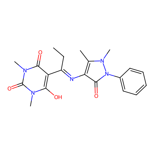 5-(1-((1,5-dimethyl-3-oxo-2-phenyl-2,3-dihydro-1H-pyrazol-4-yl)amino)propylidene)-1,3-dimethylpyrimidine-2,4,6(1H,3H,5H)-trione structure