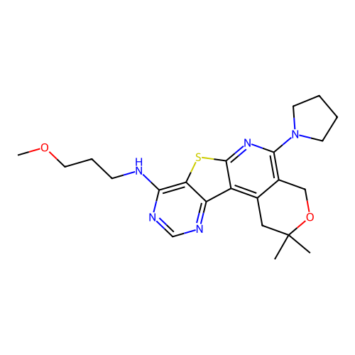 N-(3-methoxypropyl)-2,2-dimethyl-5-(pyrrolidin-1-yl)-1,4-dihydro-2H-pyrano[4'',3'':4',5']pyrido[3',2':4,5]thieno[3,2-d]pyrimidin-8-amine structure