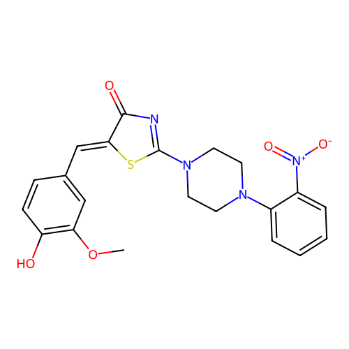 (Z)-5-(4-hydroxy-3-methoxybenzylidene)-2-(4-(2-nitrophenyl)piperazin-1-yl)thiazol-4(5H)-one structure