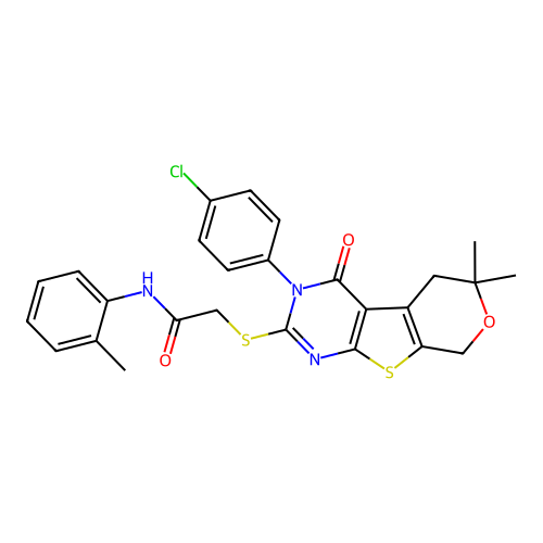 2-((3-(4-chlorophenyl)-6,6-dimethyl-4-oxo-4,5,6,8-tetrahydro-3H-pyrano[4',3':4,5]thieno[2,3-d]pyrimidin-2-yl)thio)-N-(o-tolyl)acetamide structure