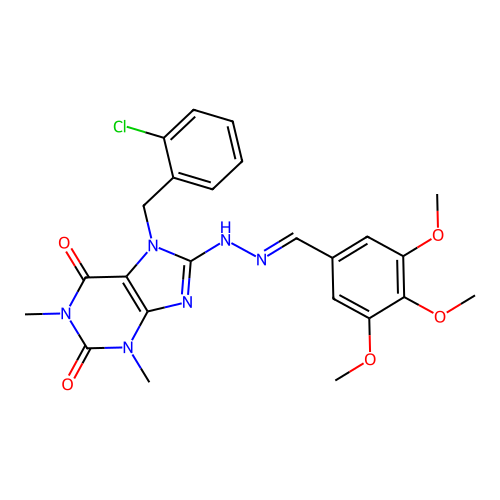 (E)-7-(2-chlorobenzyl)-1,3-dimethyl-8-(2-(3,4,5-trimethoxybenzylidene)hydrazinyl)-1H-purine-2,6(3H,7H)-dione structure