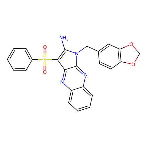 1-(1,3-benzodioxol-5-ylmethyl)-3-(phenylsulfonyl)-1H-pyrrolo[2,3-b]quinoxalin-2-amine structure