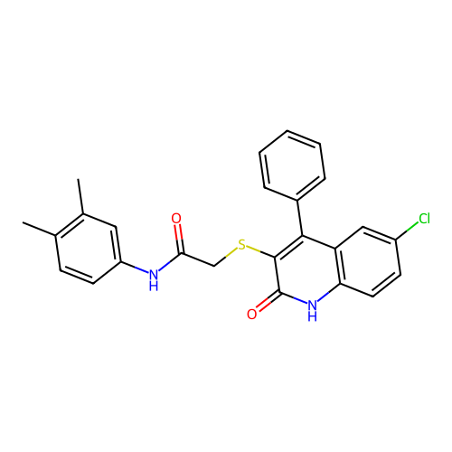 2-[(6-chloro-2-oxo-4-phenyl-1H-quinolin-3-yl)sulfanyl]-N-(3,4-dimethylphenyl)acetamide structure
