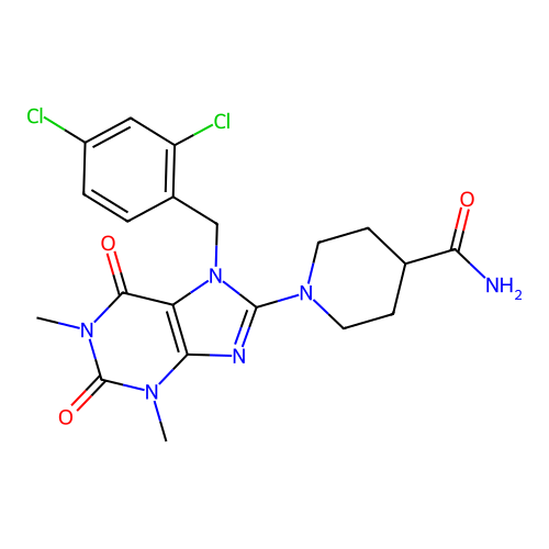 1-(7-(2,4-dichlorobenzyl)-1,3-dimethyl-2,6-dioxo-2,3,6,7-tetrahydro-1H-purin-8-yl)piperidine-4-carboxamide structure