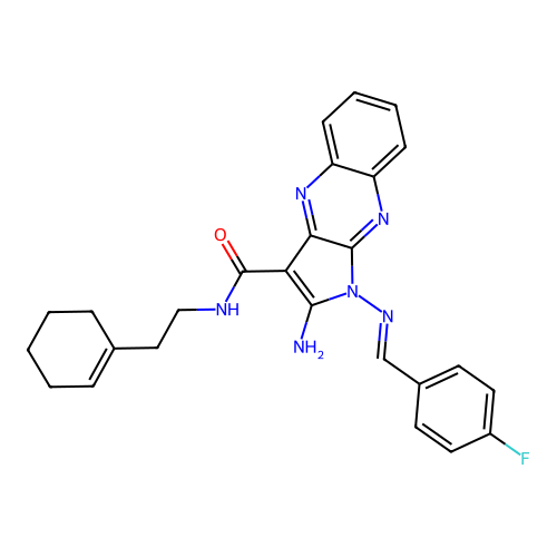 (E)-2-amino-N-(2-(cyclohex-1-en-1-yl)ethyl)-1-((4-fluorobenzylidene)amino)-1H-pyrrolo[2,3-b]quinoxaline-3-carboxamide structure