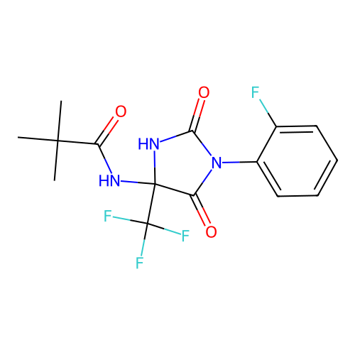 N-[1-(2-fluorophenyl)-2,5-dioxo-4-(trifluoromethyl)imidazolidin-4-yl]-2,2-dimethylpropanamide structure