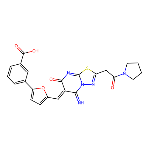 (Z)-3-(5-((5-imino-7-oxo-2-(2-oxo-2-(pyrrolidin-1-yl)ethyl)-5H-[1,3,4]thiadiazolo[3,2-a]pyrimidin-6(7H)-ylidene)methyl)furan-2-yl)benzoic acid structure
