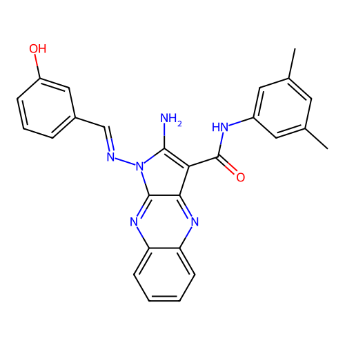 (E)-2-amino-N-(3,5-dimethylphenyl)-1-((3-hydroxybenzylidene)amino)-1H-pyrrolo[2,3-b]quinoxaline-3-carboxamide structure