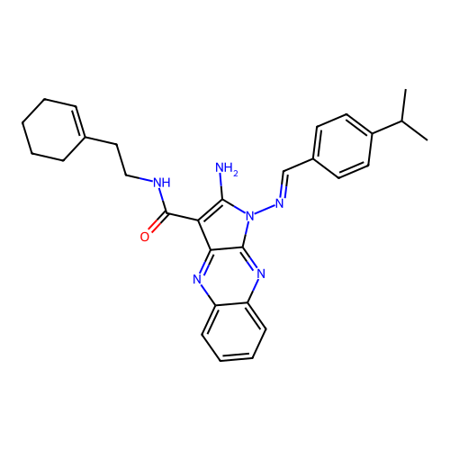(E)-2-amino-N-(2-(cyclohex-1-en-1-yl)ethyl)-1-((4-isopropylbenzylidene)amino)-1H-pyrrolo[2,3-b]quinoxaline-3-carboxamide structure