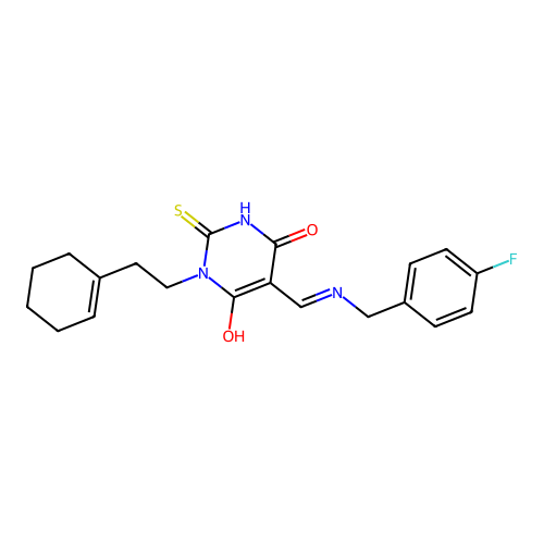 (5E)-1-[2-(cyclohex-1-en-1-yl)ethyl]-5-{[(4-fluorobenzyl)amino]methylidene}-2-sulfanylpyrimidine-4,6(1H,5H)-dione structure