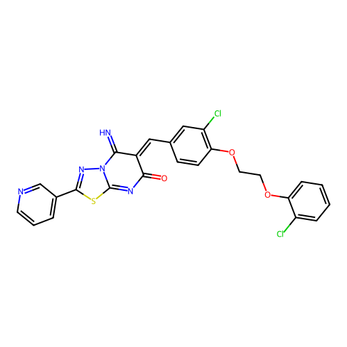 (6Z)-6-[[3-chloro-4-[2-(2-chlorophenoxy)ethoxy]phenyl]methylidene]-5-imino-2-pyridin-3-yl-[1,3,4]thiadiazolo[3,2-a]pyrimidin-7-one structure