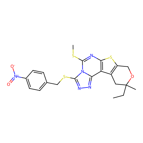 10-ethyl-10-methyl-5-(methylsulfanyl)-3-[(4-nitrobenzyl)sulfanyl]-10,11-dihydro-8H-pyrano[4',3':4,5]thieno[3,2-e][1,2,4]triazolo[4,3-c]pyrimidine structure