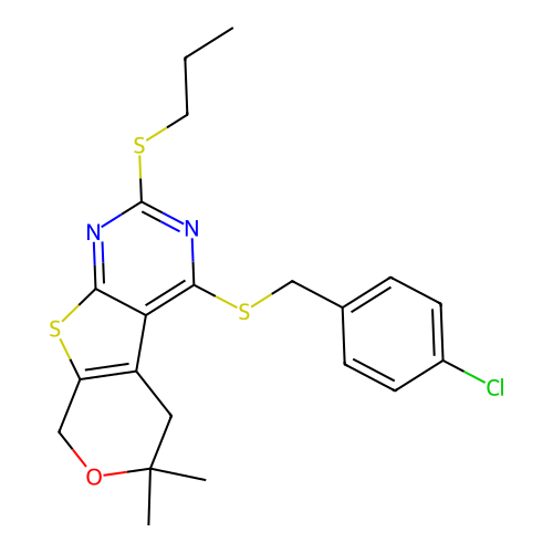 4-((4-chlorobenzyl)thio)-6,6-dimethyl-2-(propylthio)-6,8-dihydro-5H-pyrano[4',3':4,5]thieno[2,3-d]pyrimidine structure