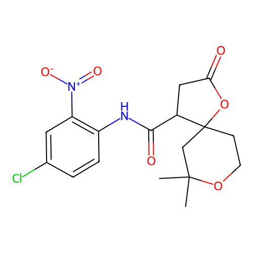 N-(4-chloro-2-nitrophenyl)-7,7-dimethyl-2-oxo-1,8-dioxaspiro[4.5]decane-4-carboxamide structure