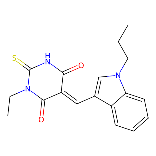 (5E)-1-ethyl-5-[(1-propylindol-3-yl)methylidene]-2-sulfanylidene-1,3-diazinane-4,6-dione structure