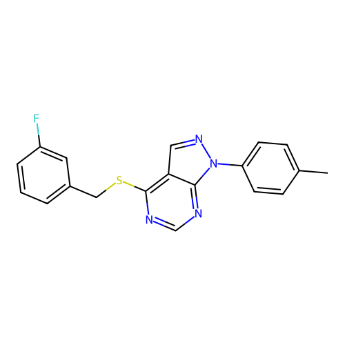 4-[(3-fluorobenzyl)sulfanyl]-1-(4-methylphenyl)-1H-pyrazolo[3,4-d]pyrimidine structure