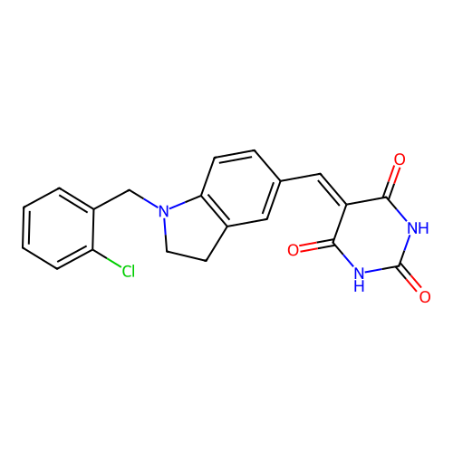 5-((1-(2-chlorobenzyl)indolin-5-yl)methylene)pyrimidine-2,4,6(1H,3H,5H)-trione structure