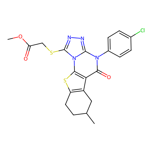 methyl {[4-(4-chlorophenyl)-7-methyl-5-oxo-4,5,6,7,8,9-hexahydro[1]benzothieno[3,2-e][1,2,4]triazolo[4,3-a]pyrimidin-1-yl]sulfanyl}acetate structure