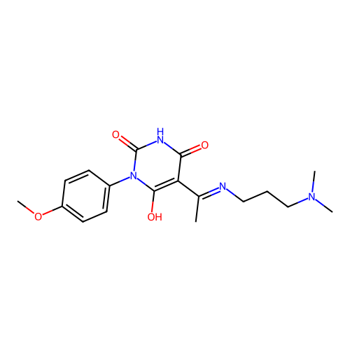 (E)-5-(1-((3-(dimethylamino)propyl)amino)ethylidene)-1-(4-methoxyphenyl)pyrimidine-2,4,6(1H,3H,5H)-trione structure