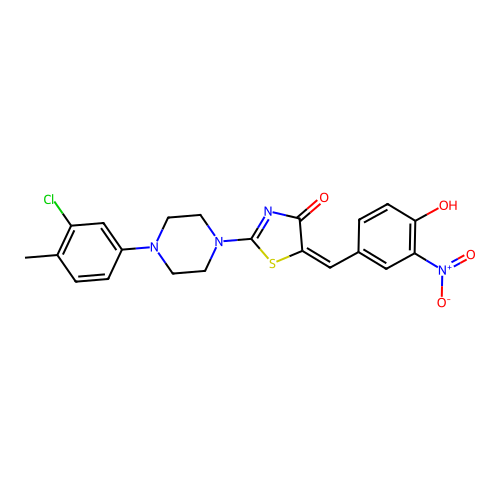 (5E)-2-[4-(3-chloro-4-methylphenyl)piperazin-1-yl]-5-[(4-hydroxy-3-nitrophenyl)methylidene]-1,3-thiazol-4-one structure