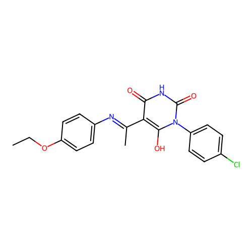 (Z)-1-(4-chlorophenyl)-5-(1-((4-ethoxyphenyl)amino)ethylidene)pyrimidine-2,4,6(1H,3H,5H)-trione structure