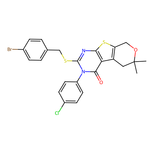 2-((4-bromobenzyl)thio)-3-(4-chlorophenyl)-6,6-dimethyl-5,6-dihydro-3H-pyrano[4',3':4,5]thieno[2,3-d]pyrimidin-4(8H)-one structure