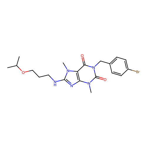 1-[(4-bromophenyl)methyl]-3,7-dimethyl-8-(3-propan-2-yloxypropylamino)purine-2,6-dione structure