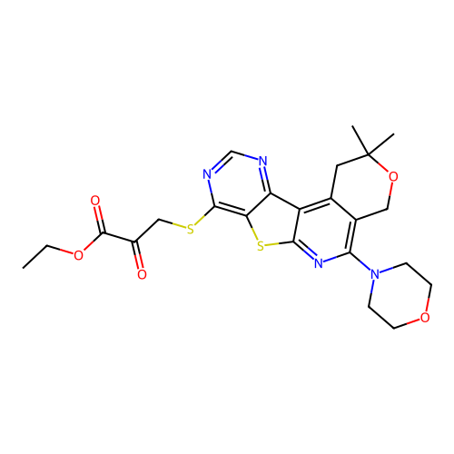 ethyl 3-((2,2-dimethyl-5-morpholino-2,4-dihydro-1H-pyrano[4'',3'':4',5']pyrido[3',2':4,5]thieno[3,2-d]pyrimidin-8-yl)thio)-2-oxopropanoate structure