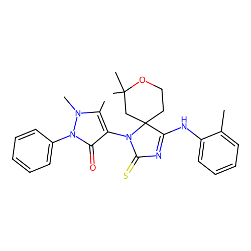 (Z)-4-(7,7-dimethyl-2-thioxo-4-(o-tolylimino)-8-oxa-1,3-diazaspiro[4.5]decan-1-yl)-1,5-dimethyl-2-phenyl-1H-pyrazol-3(2H)-one structure