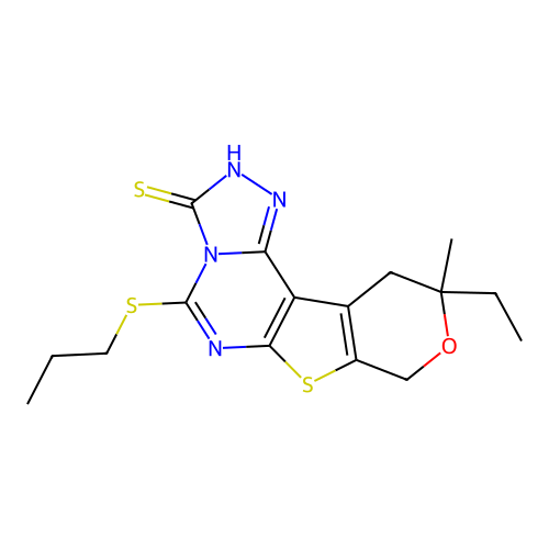 10-ethyl-10-methyl-5-(propylsulfanyl)-10,11-dihydro-8H-pyrano[4',3':4,5]thieno[3,2-e][1,2,4]triazolo[4,3-c]pyrimidine-3-thiol structure