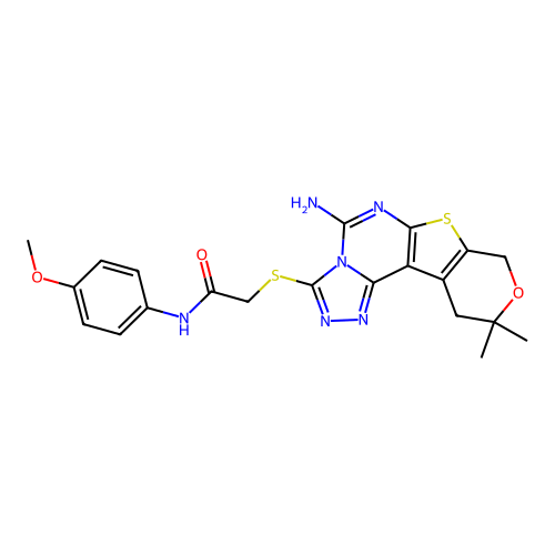 2-((5-amino-10,10-dimethyl-10,11-dihydro-8H-pyrano[4',3':4,5]thieno[3,2-e][1,2,4]triazolo[4,3-c]pyrimidin-3-yl)thio)-N-(4-methoxyphenyl)acetamide structure