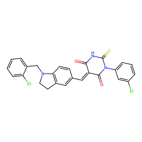 (5E)-1-(3-chlorophenyl)-5-[[1-[(2-chlorophenyl)methyl]-2,3-dihydroindol-5-yl]methylidene]-2-sulfanylidene-1,3-diazinane-4,6-dione structure