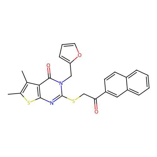 3-(furan-2-ylmethyl)-5,6-dimethyl-2-((2-(naphthalen-2-yl)-2-oxoethyl)thio)thieno[2,3-d]pyrimidin-4(3H)-one structure
