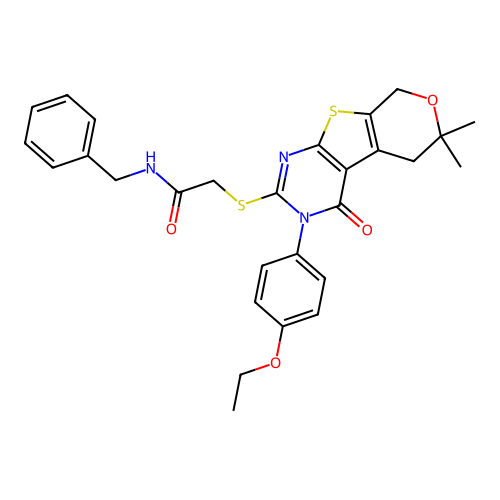 N-benzyl-2-((3-(4-ethoxyphenyl)-6,6-dimethyl-4-oxo-4,5,6,8-tetrahydro-3H-pyrano[4',3':4,5]thieno[2,3-d]pyrimidin-2-yl)thio)acetamide structure