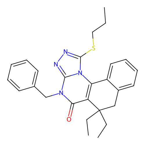 4-benzyl-6,6-diethyl-1-(propylsulfanyl)-6,7-dihydrobenzo[h][1,2,4]triazolo[4,3-a]quinazolin-5(4H)-one structure