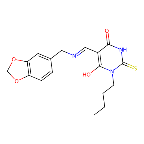 (5E)-5-[(1,3-benzodioxol-5-ylmethylamino)methylidene]-1-butyl-2-sulfanylidene-1,3-diazinane-4,6-dione structure