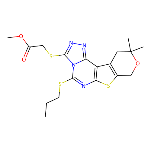 methyl {[10,10-dimethyl-5-(propylsulfanyl)-10,11-dihydro-8H-pyrano[4',3':4,5]thieno[3,2-e][1,2,4]triazolo[4,3-c]pyrimidin-3-yl]sulfanyl}acetate structure