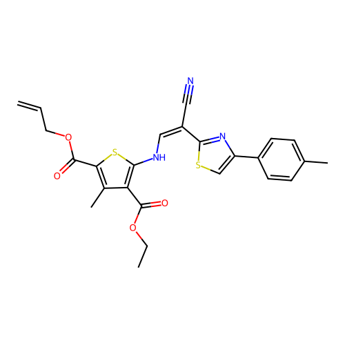 (Z)-2-allyl 4-ethyl 5-((2-cyano-2-(4-(p-tolyl)thiazol-2-yl)vinyl)amino)-3-methylthiophene-2,4-dicarboxylate structure