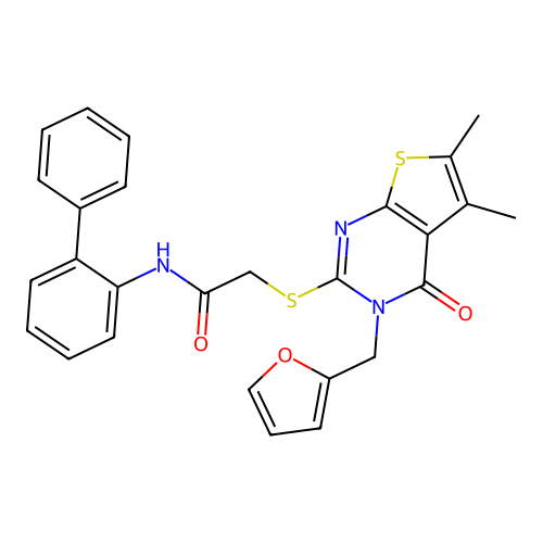 2-[3-(furan-2-ylmethyl)-5,6-dimethyl-4-oxothieno[2,3-d]pyrimidin-2-yl]sulfanyl-N-(2-phenylphenyl)acetamide structure