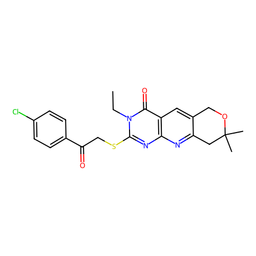 2-((2-(4-chlorophenyl)-2-oxoethyl)thio)-3-ethyl-8,8-dimethyl-8,9-dihydro-3H-pyrano[3',4':5,6]pyrido[2,3-d]pyrimidin-4(6H)-one structure
