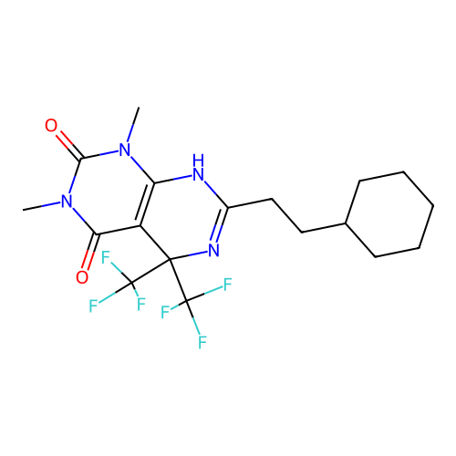 7-(2-cyclohexylethyl)-1,3-dimethyl-5,5-bis(trifluoromethyl)-5,8-dihydropyrimido[4,5-d]pyrimidine-2,4(1H,3H)-dione structure