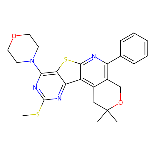 2,2-dimethyl-10-(methylsulfanyl)-8-(morpholin-4-yl)-5-phenyl-1,4-dihydro-2H-pyrano[4'',3'':4',5']pyrido[3',2':4,5]thieno[3,2-d]pyrimidine structure