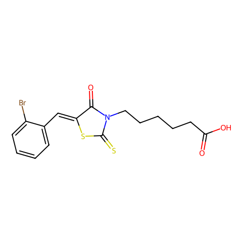 6-[(5Z)-5-(2-bromobenzylidene)-4-oxo-2-thioxo-1,3-thiazolidin-3-yl]hexanoic acid structure