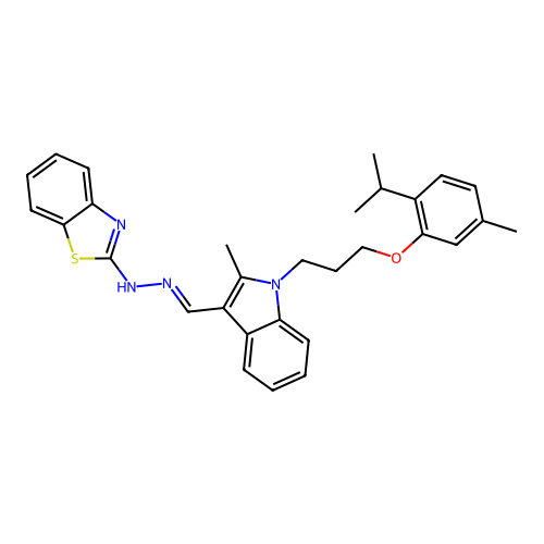 (2Z)-2-{(2E)-[(2-methyl-1-{3-[5-methyl-2-(propan-2-yl)phenoxy]propyl}-1H-indol-3-yl)methylidene]hydrazinylidene}-2,3-dihydro-1,3-benzothiazole structure