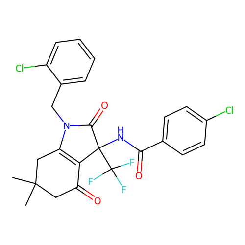 4-chloro-N-[1-(2-chlorobenzyl)-6,6-dimethyl-2,4-dioxo-3-(trifluoromethyl)-2,3,4,5,6,7-hexahydro-1H-indol-3-yl]benzamide structure