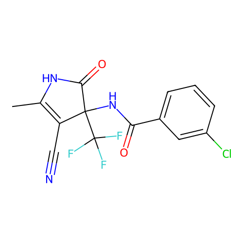 3-chloro-N-[4-cyano-5-methyl-2-oxo-3-(trifluoromethyl)-2,3-dihydro-1H-pyrrol-3-yl]benzamide structure