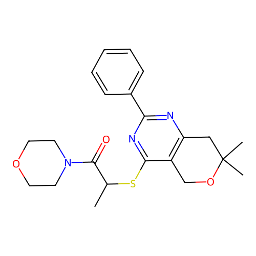 2-((7,7-dimethyl-2-phenyl-7,8-dihydro-5H-pyrano[4,3-d]pyrimidin-4-yl)thio)-1-morpholinopropan-1-one structure